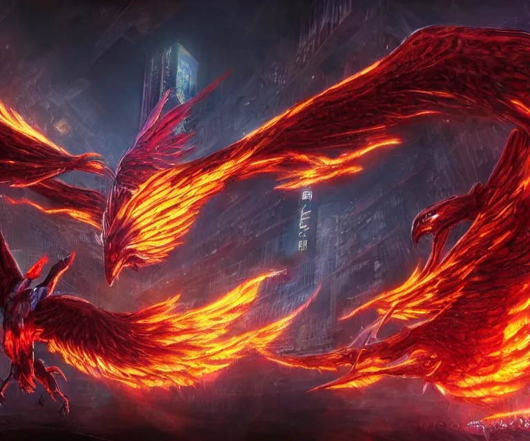 Image similar to neo tokyo, dark fantasy, concept art, video game, highly detailed, phoenix flames