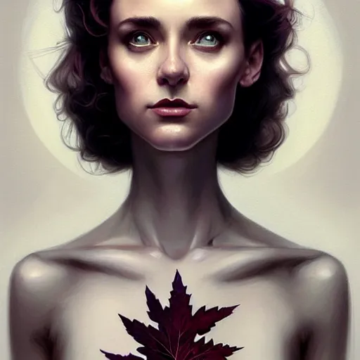 Prompt: beautiful stella maeve magician, in the style of joshua middleton, peter mohrbacher, artgerm, tom bagshaw, realistic character concept, bird's eye overhead shot, elegant pose, spooky, illustration, symmetrical face and body, volumetric lighting, detailed realistic symmetrical eyes, 8 k, single face, insanely detailed and intricate elegant, autumn leaves