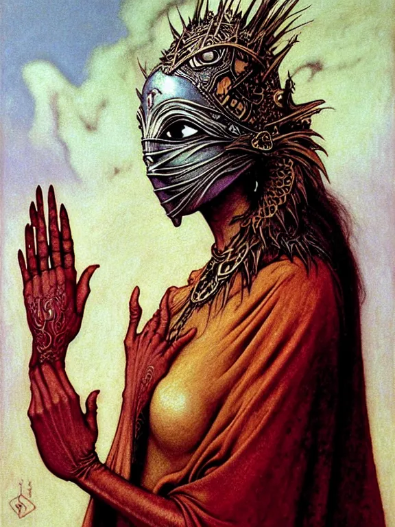 Image similar to soaring woman wearing a big mask with many thick blades behind head. dressed in a long robe with wide sleeves and making namaste / anjali mudra gesture. fullbody highly detailed portrait, blurred background, concept art, masterpiece, fantasy art, hyperdetailed, hyperrealism, art by zdzisław beksinski, arthur rackham, dariusz zawadzki