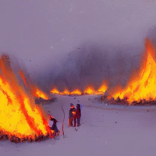 Image similar to a camp with tents on fire, burning down, shadows of 3 girls watching the camp burn, snow, painted by Sylvain Sarrailh