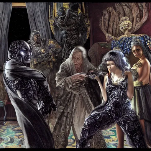 Prompt: emperor palpatine eating grapes with dancing girls surrounding him, intricate detail, royo, klimt, miro, vallejo, frazetta, giger, whealan, hd, unreal engine,