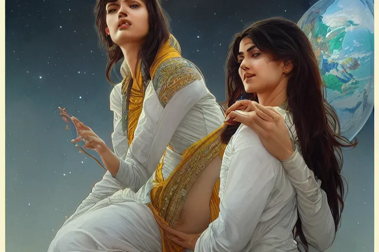 Image similar to Sensual good looking pale young Indian doctors wearing jeans in a space elevator above Earth, portrait, elegant, intricate, digital painting, artstation, concept art, smooth, sharp focus, illustration, art by artgerm and greg rutkowski and alphonse mucha