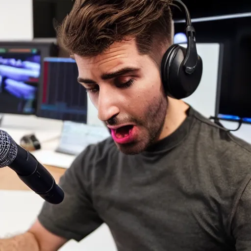 Image similar to handsome Portuguese-British male twitch streamer looking angrily at his expensive studio mic which isn't working, 4k