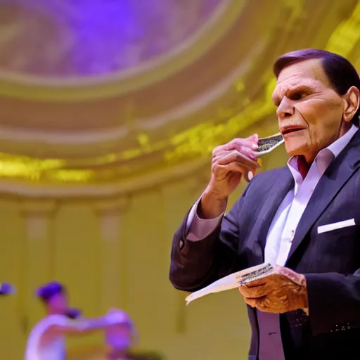 Image similar to kenneth copeland holding dollar bills, performing in front of big church