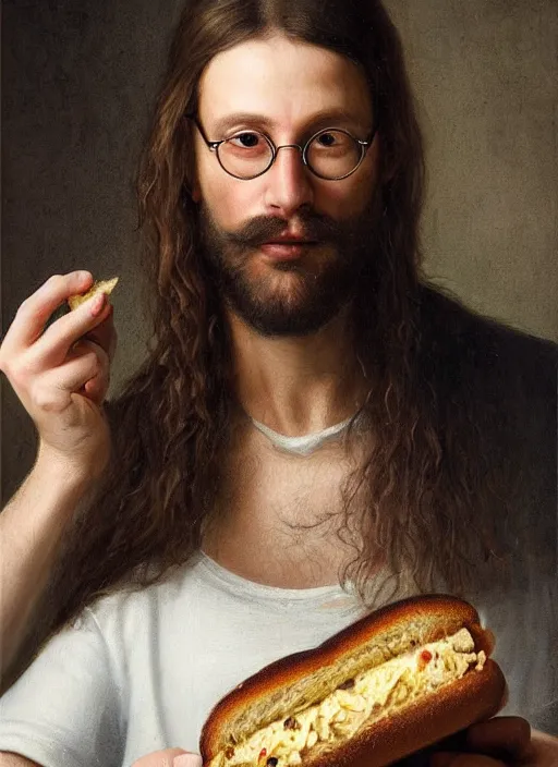 Prompt: realistic portrait of danny mondello eating a sandwich, guy with glasses long brown hair and a trimmed goatee, renaissance photorealistic portrait painting, highly detailed, greg rutkowski, beautiful light