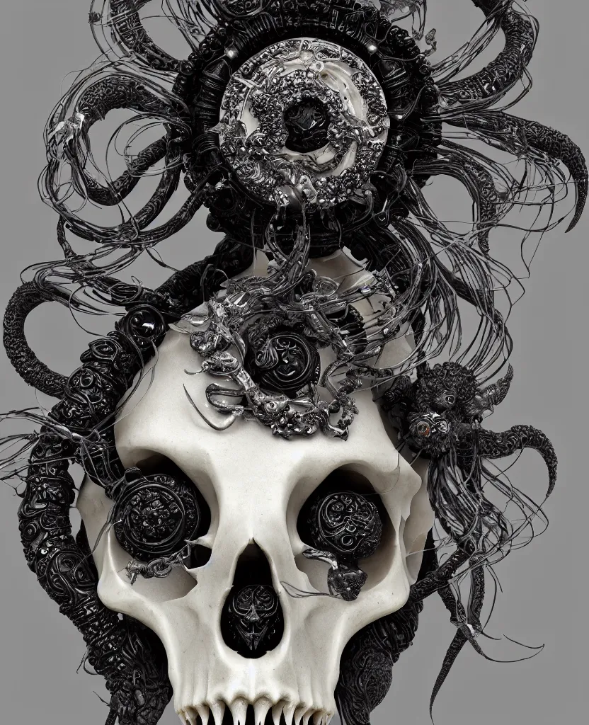 Image similar to goddess princess face close-up portrait ram skull. sculpture made of black stone with elements made of polished gold. jellyfish phoenix head, nautilus, orchid, skull, betta fish, bioluminiscent creatures, intricate artwork by Tooth Wu and wlop and beeple. octane render, trending on artstation, greg rutkowski very coherent symmetrical artwork. cinematic, hyper realism, high detail, octane render, 8k