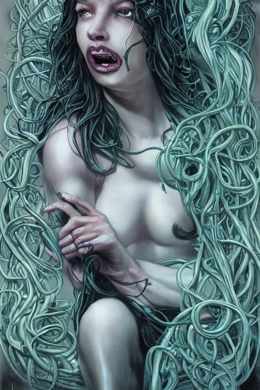 Prompt: comic art attractive beautiful female Medusa sitting in chair covered in snakes,sexy pose,highly detailed gorgeous face by Joe Chiodo,cinematic full character,8k,by tristan eaton,Stanley Artgermm,Tom Bagshaw,Greg Rutkowski,Carne Griffiths, Ayami Kojima, Beksinski, Giger,trending on DeviantArt,face enhance,hyper detailed,horror, full of colour