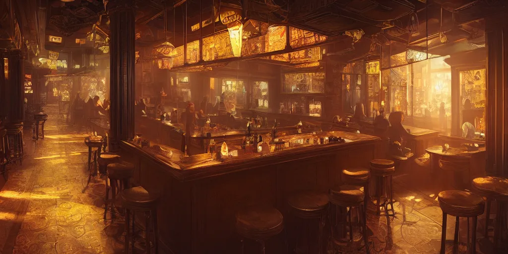 Prompt: speakeasy happy hour by marc adamus, beautiful dramatic lighting, 8 k illustration, golden hour intricate, richly detailed, photorealistic imagery, artstation render inspired by alena aenami