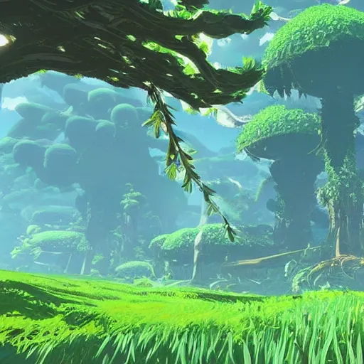 Image similar to exotic toxic forest, large tall trunks trees, hanging vines, moss by miyazaki, nausicaa ghibli, breath of the wild