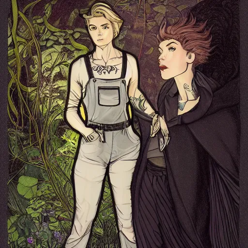 Prompt: short - haired tattooed heroic stoic handsome muscular blonde butch tomboy woman engineer in overalls standing beside dark fae feathered gothic jennifer connelly in black cloak standing together in a beautiful lush garden at night, in love, highly detailed, trending on art station, mucha