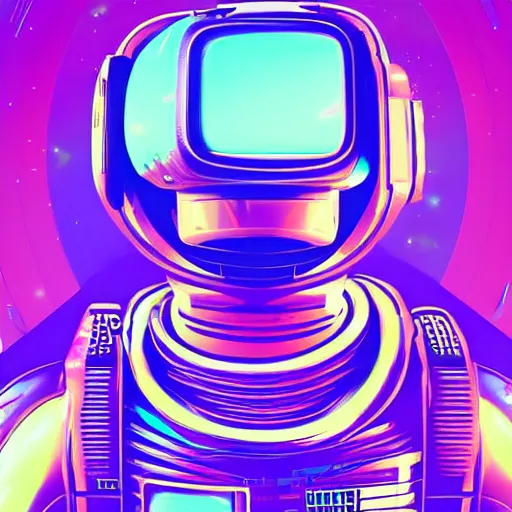 Image similar to cyberpunk astronaut bot, cinema 4 d, galaxy space sci - fi, wearing vr goggles, illustration, portrait, pastel neon textured background night, detailed,