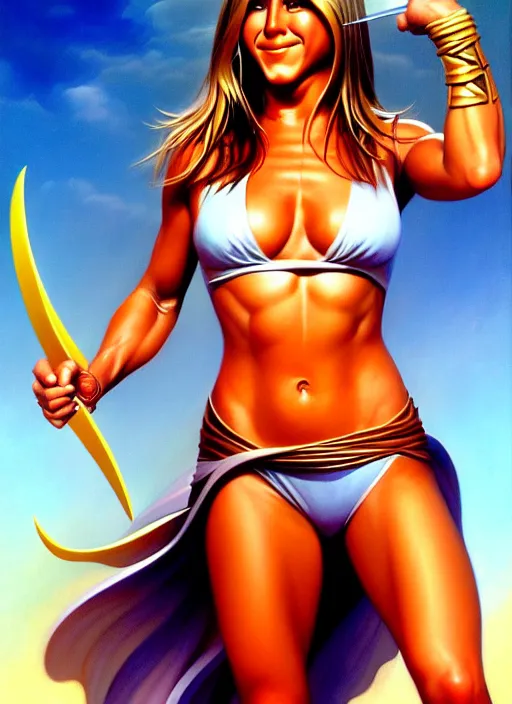 Prompt: portrait of cute young jennifer aniston as an amazon girl, full body, painted by stanley artgerm, boris vallejo, fantasy art, sleek curves, sharp focus, trending on artstation hq, deviantart