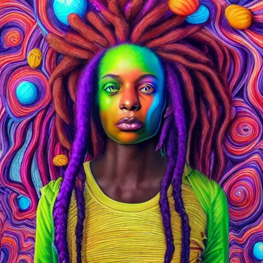 Image similar to a wide angle shot of a black girl with colorful dreadlocks in a field of candy, by Adi granov and afarin sajedi and amanda sage and evgeni gordiets and Agostino Arrivabene and adonna khare in a psychedelic portrait style, ultrarealistic matte painting, volumetric lighting, fractal, extremely symmetrical, highly detailed face, orisha, 8k, hd