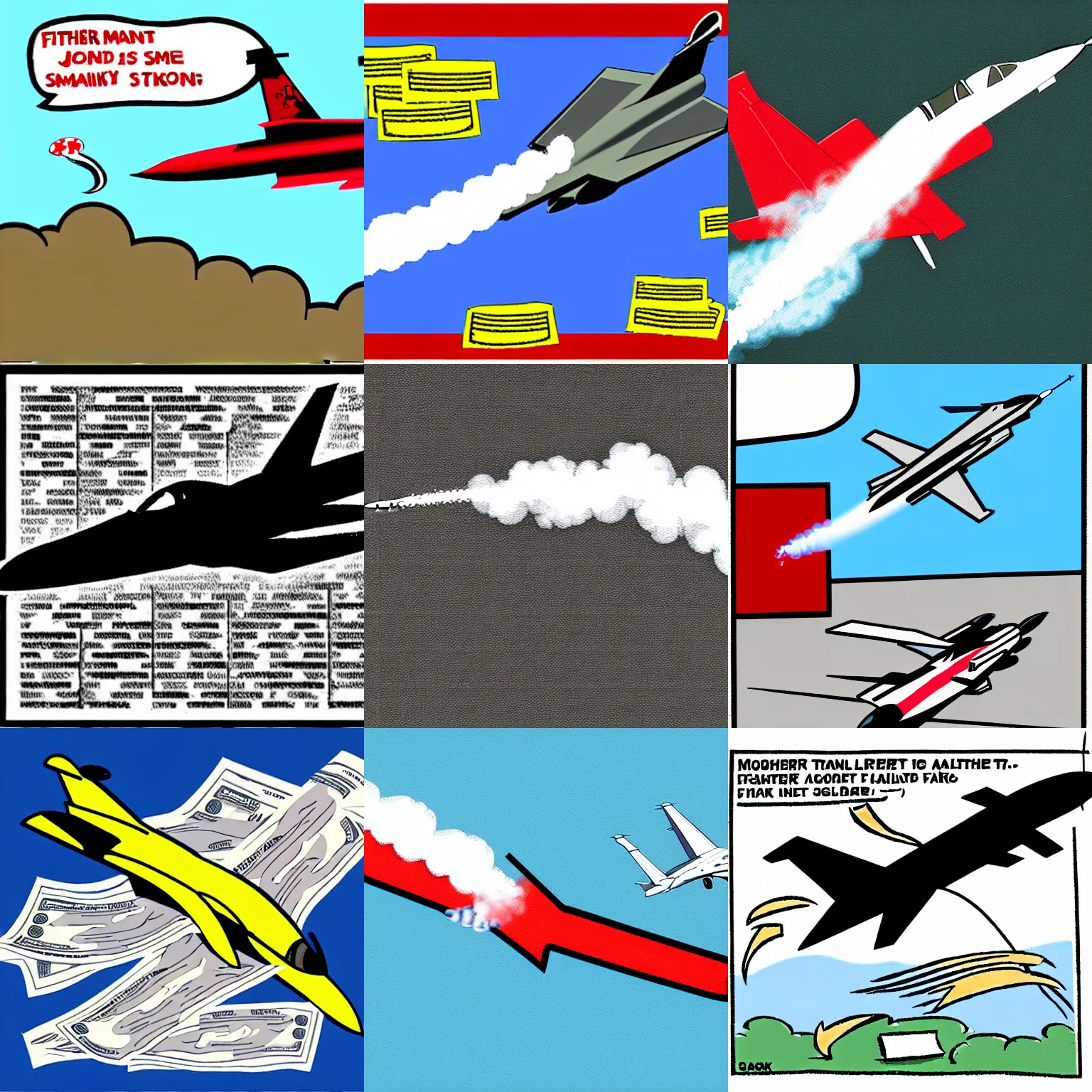 Prompt: fighter jet in flight, money falling, smoke trail, cartoon,newspaper illustration