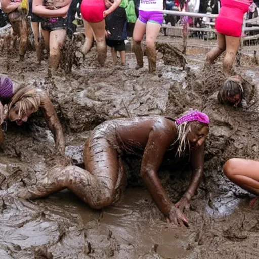 Image similar to 3 women fall over mud - wrestling