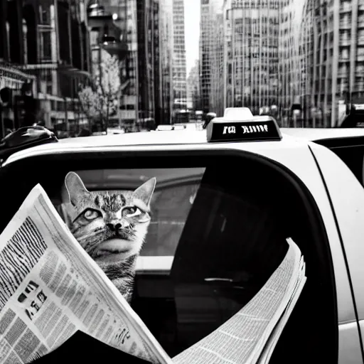 Image similar to a cat in a suit in back of taxi reading a newspaper, black and white, canon camera,