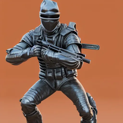 Prompt: focused 3 d rendering of marble and chrome statue of ninja wearing full face mask and hunter hat, combat suit, technological, octane render, all marble