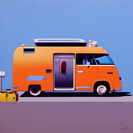 Prompt: goro fujita ilustration loaded with suitcases a motorhome at a gas station, painting by goro fujita, sharp focus, highly detailed, artstation