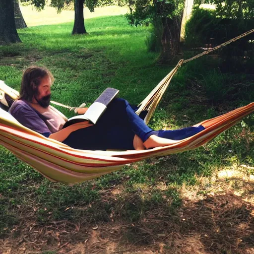 Prompt: my italian wise friend on a hammock, reading the book about love
