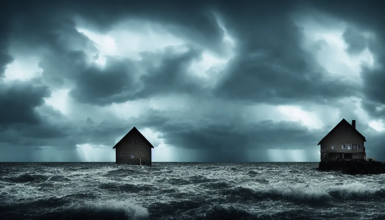 Prompt: lonely house on the island, lake, windy waves, raining, storm, distant thunder, atmospheric, scary, ambient vibe, very detailed, high resolution, 8 k