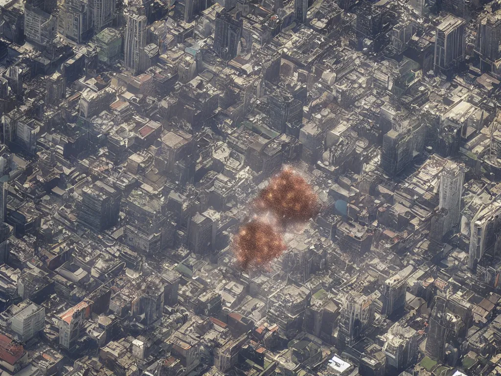 Image similar to city is being destroyed by a falling meteor, view from above, explosion, shreds, ruins