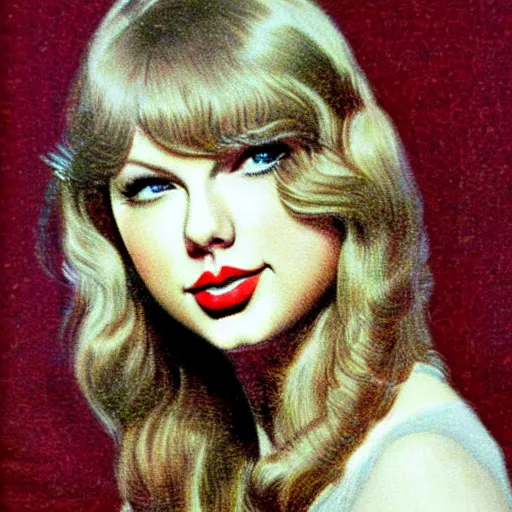 Image similar to “Taylor Swift portrait, color vintage magazine illustration 1950”