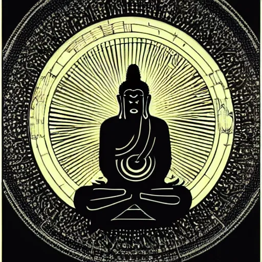 Prompt: 2 d techno buddah dreaming of the ying yang in front of concentric geometric radial sun portal with ancient wuji symbols embedded within it, black fine lines, ornate details, hyper realism, yoshitaka amano, alphonse mucha