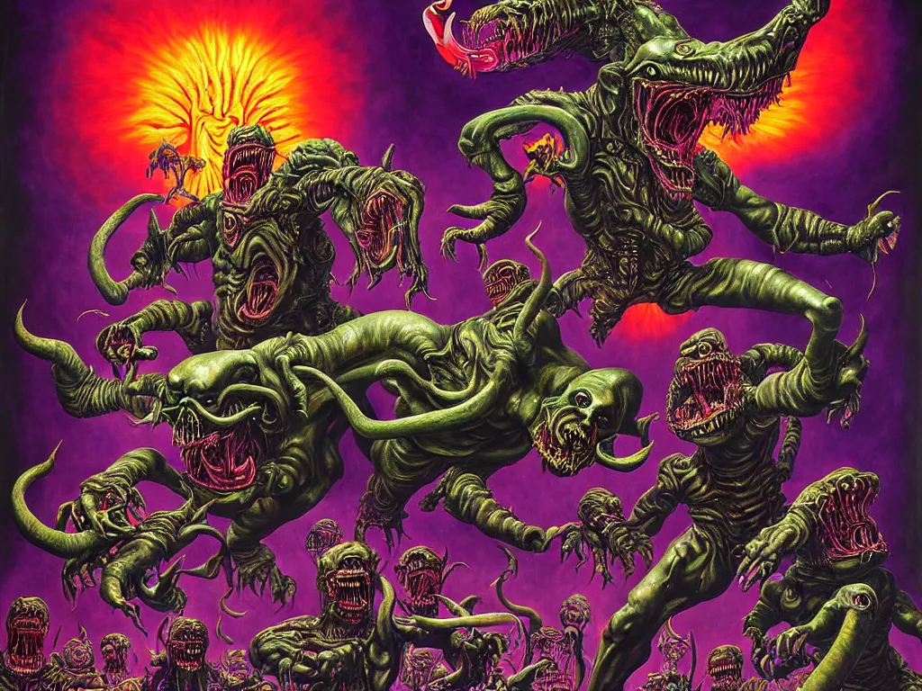 Image similar to a hyperrealistic painting of an epic boss fight against an ornate supreme dark psychic overlord, cinematic horror by chris cunningham, lisa frank, richard corben, highly detailed, vivid color,