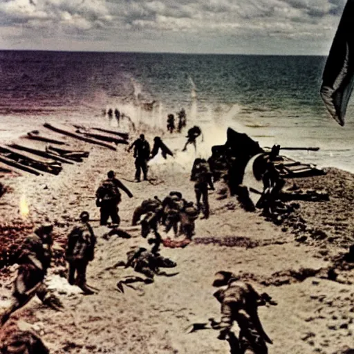 Image similar to ww 2 realistic photo in color beach landing, blood everywhere, explosions