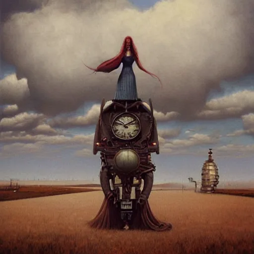 Image similar to a hyperrealistic painting of a steampunk uma thurman, blue skies, by john kenn mortensen and zdzislaw beksinski, highly detailed, vivid color,