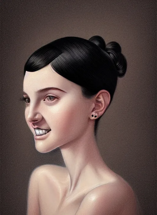 Prompt: portrait of white teenage girl, narrow face, short black hair and eyebrows, bangs, half updo hairstyle, buck toothed smile, unattractive, defined jawline, long chin, wearing hair bow, intricate, elegant, glowing lights, highly detailed, digital painting, artstation, sharp focus, illustration, art by wlop, mars ravelo and greg rutkowski