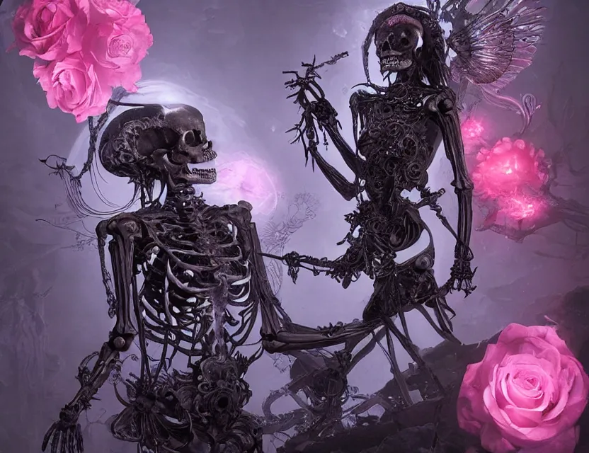 Image similar to a chaotic goddess of death skeleton as a heroine, intricate, elegant skull black rose s day of the dead atmospheric, dramatic, Trending on artstation. augmentations and cybernetic enhancements neon circuits, greg rutkowski , hyperrealist, cinema4D, 8k highly detailed