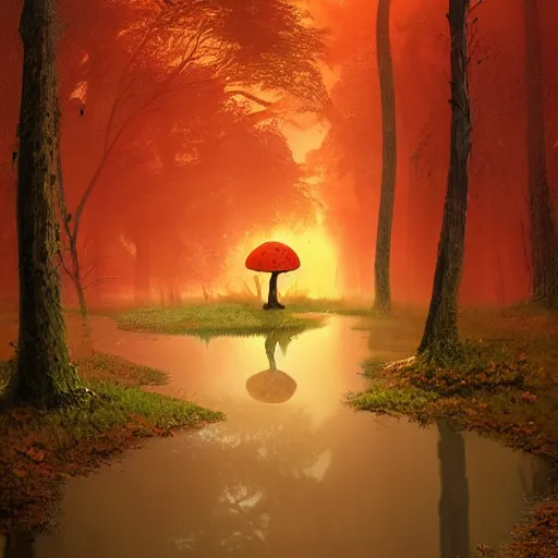 Image similar to huge orange and red mushroom in the woods, puddles of water, sunset, orange glow, foggy, by finnian macmanus and greg rutkowski