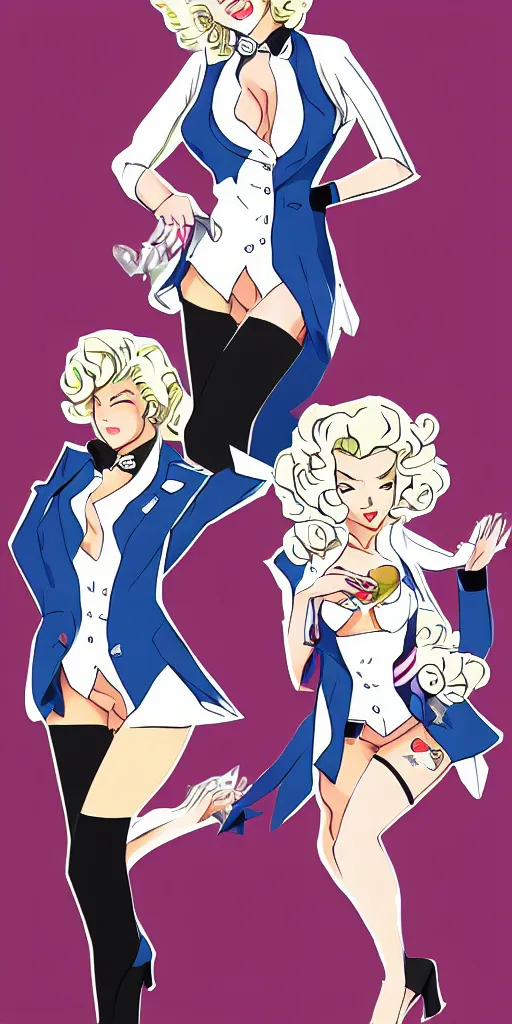 Prompt: marilyn monroe wearing luxury suits as a gacha game rare character, full body, cartoon, anime, trending in pixiv, cool color pattern