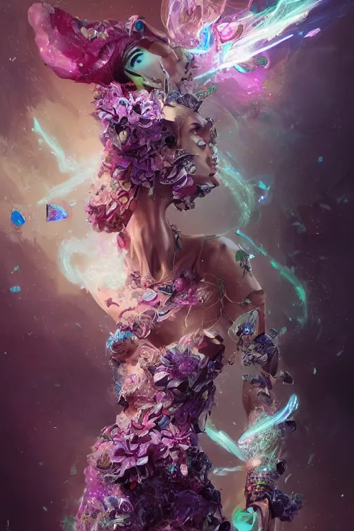 Image similar to torso closeup model wearing exploding flower crystal dress, sorcerer, diamonds, angel, fantasy, dramatic lighting, highly detailed, digital painting, holding electricity, magic the gathering, hyper detailed, 3 d render, hyper realistic detailed portrait, peter mohrbacher, wlop, ruan jia