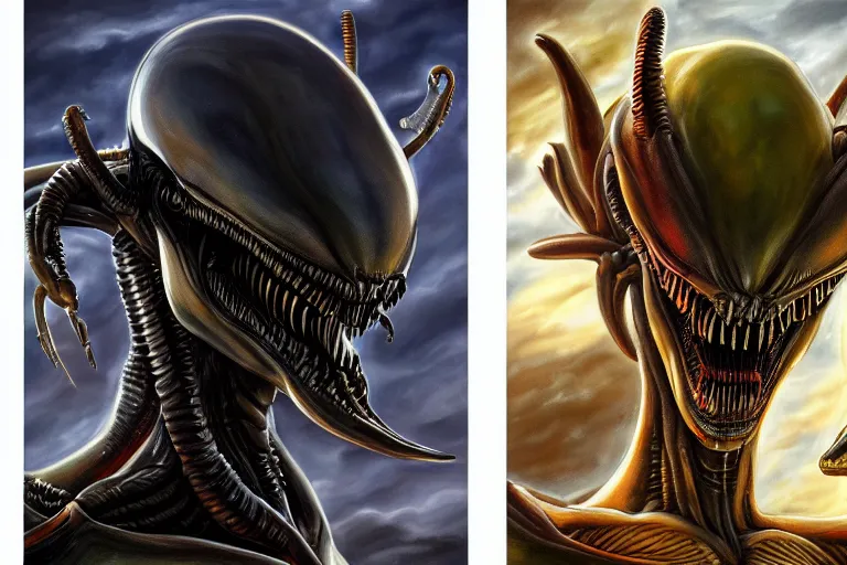 Image similar to xenomorh king alien facing right, xenomorph queen alien left, side 2 d view, highly detailed, oil painting, crisp quality and light reflections, 4 k resolution