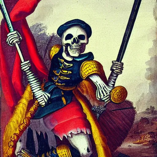 Image similar to skeleton in a colourful landsknechts uniform, wielding a sword, rennaissance painting