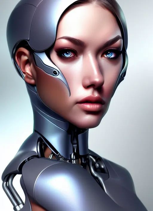 Prompt: portrait of a cyborg woman by Artgerm (face in profile +100), biomechanical, hyper detailled, trending on artstation