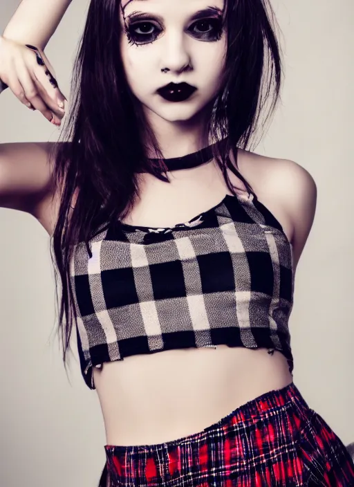 Image similar to gothic teen girl in plaid mini skirt and crop top, beautiful face, intricate, extremely detailed, modeling photography, 8 0 mm camera, dramatic lighting, dark room, body and face