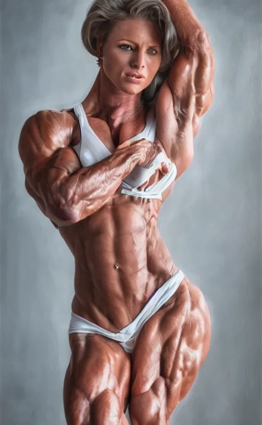 Image similar to realistic colorful photo portreit of extremely beautiful bodybuilder woman posing in white peignoir, full leight, ultra rendered extreme realism and detail, 8 k, highly detailed, realistic, photorealistic,