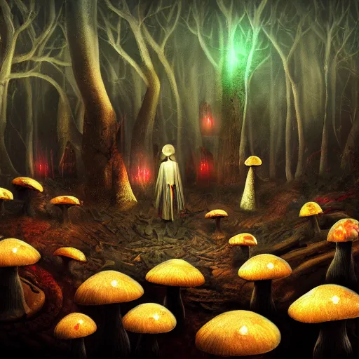 Prompt: mushroom cult, ritual, volumetric lighting, digital artwork, trending on art station, vignette, runic symbols, eerie