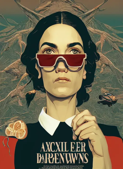 Image similar to poster artwork by Michael Whelan and Tomer Hanuka, Karol Bak of Alexandria Ocasio-Cortez bartender, from scene from Twin Peaks, clean, simple illustration, nostalgic, domestic, full of details