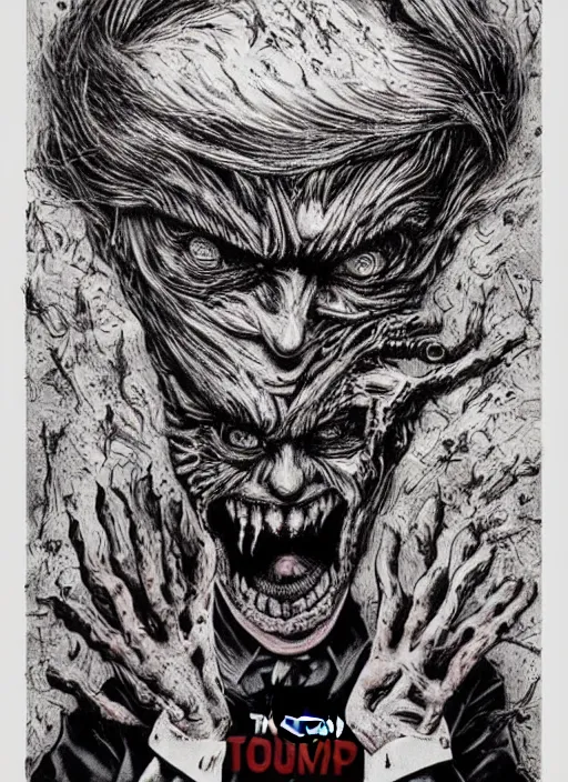 Image similar to Donald Trump's true form on a 1990s body horror movie poster, inking, vintage 90s print, detailed, scary, horror, screen print, trending on artstation