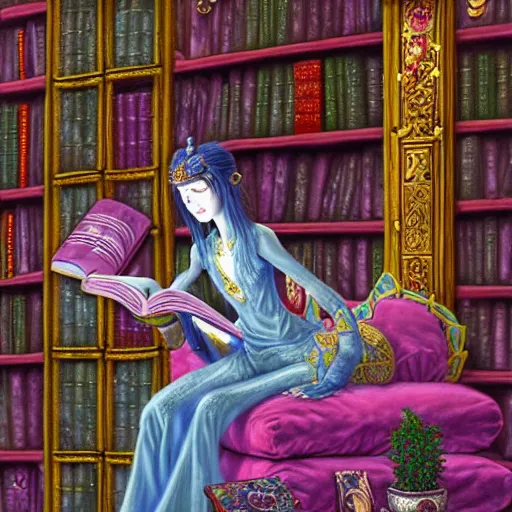 Image similar to a highly detailed fantasy pastel painting of a young wizard in ornate clothing lounging on a purpur pillow on the marble floor in front of her bookcase, studying an ancient tome. to the side is a potted plant and some blue candles. ancient oriental retrofuturistic setting. 4 k key art in the style yoshitaka amano and mark tedin