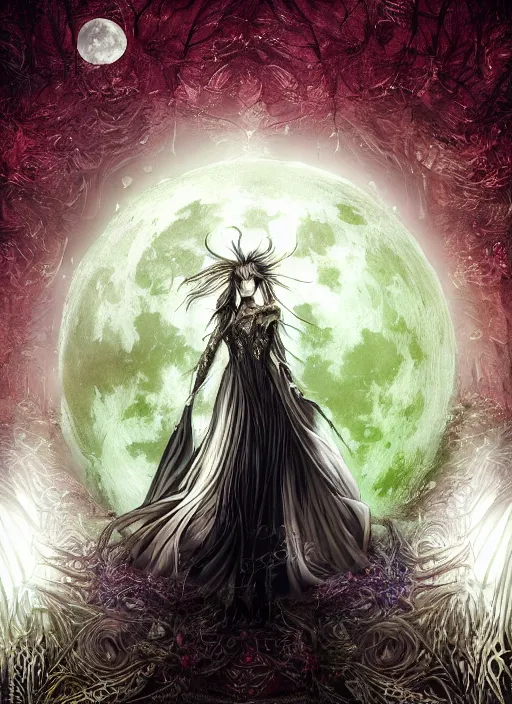 Image similar to glowing silver and golden elements, portrait, A beautiful dark witch in front of the full big moon, book cover, green forest, red white black colors, establishing shot, extremly high detail, foto realistic, cinematic lighting, pen and ink, intricate line drawings, by Yoshitaka Amano, Ruan Jia, Kentaro Miura, Artgerm, post processed, concept art, artstation, matte painting, style by eddie, raphael lacoste, alex ross