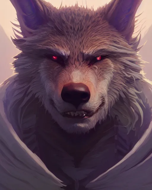 Image similar to highly detailed vfx portrait of a werewolf, unreal engine, greg rutkowski, loish, rhads, beeple, makoto shinkai and lois van baarle, ilya kuvshinov, rossdraws, tom bagshaw, alphonse mucha, global illumination, detailed and intricate environment