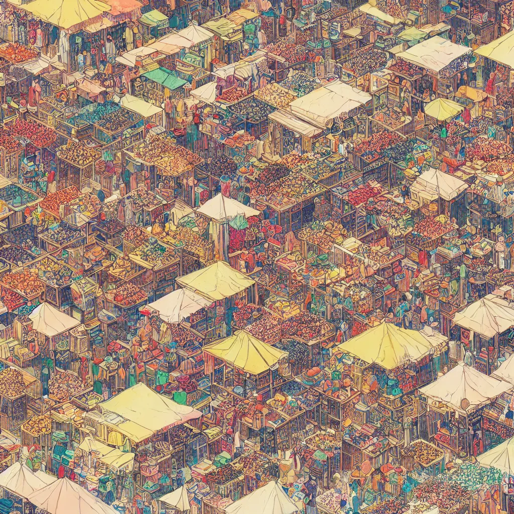 Image similar to isometric view illustration of a Souk in Marrakesh, highly detailed mid day by Victo Ngai