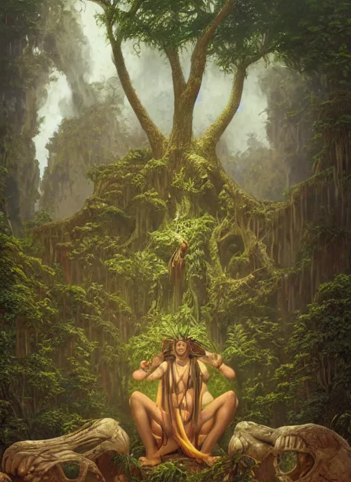 Image similar to a shaman sitting in the jungle, with giant face of an ancestor in a tree behind him, hyper detailed, art by christophe vacher