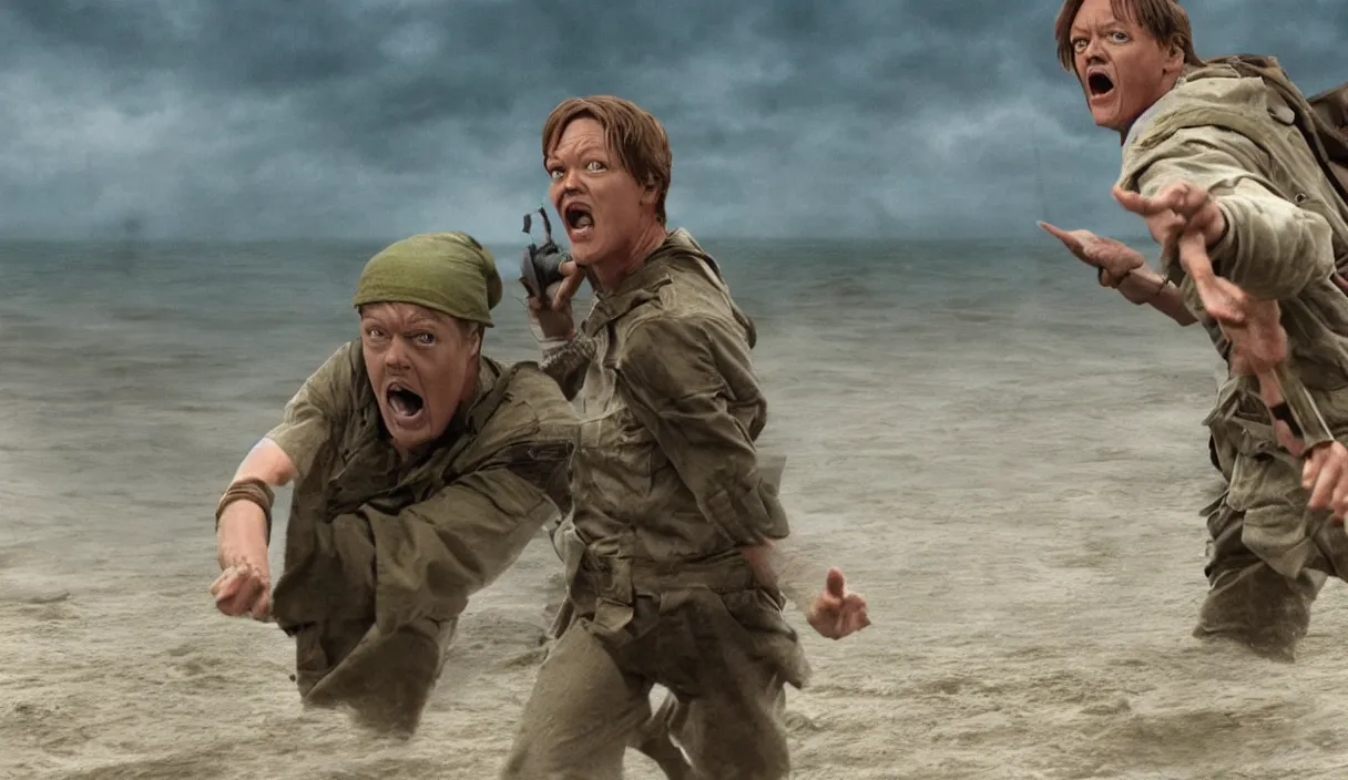 Image similar to photo realistic image of Matthew Lillard as shaggy from scooby doo, storming the beaches of Normandy, 8k HD, high detail, photorealistic, Hollywood cinematic, Christopher Nolan