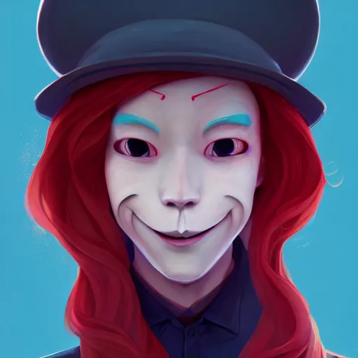 Image similar to a portrait of a cinematic still of the happy mask salesman with red hair, art by lois van baarle and loish and ross tran and rossdraws and sam yang and samdoesarts and artgerm and saruei and disney, digital art, highly detailed, intricate, sharp focus, trending on artstation hq, deviantart, unreal engine 5, 4 k uhd image